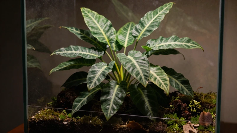 Terrario de Alocasia con luz cálida