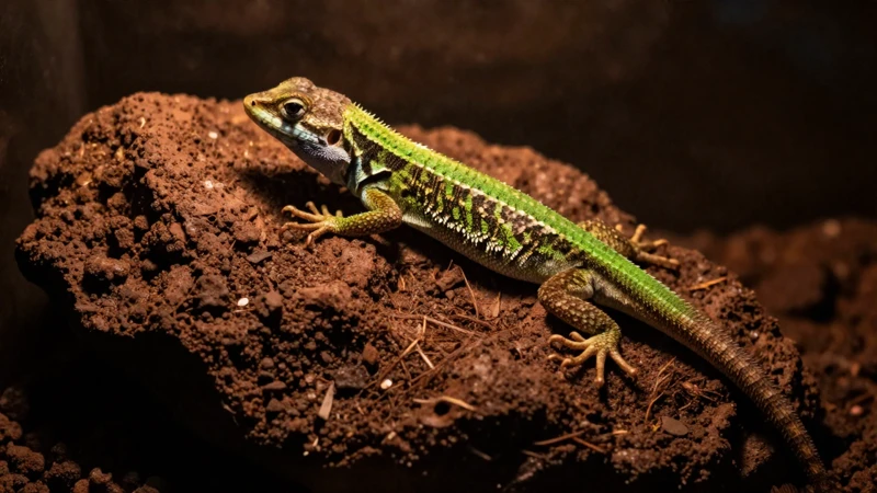 Lagarto calentándose en terrario volcánico