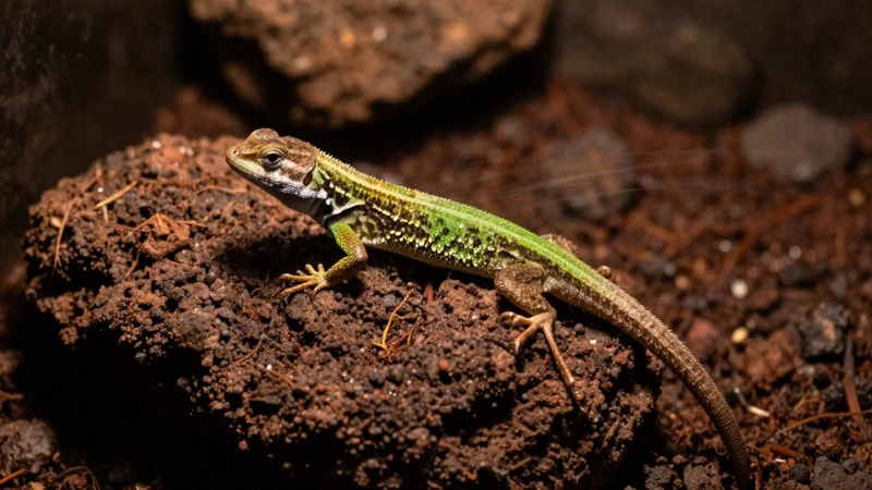 Lagarto se calienta en terrario cálido