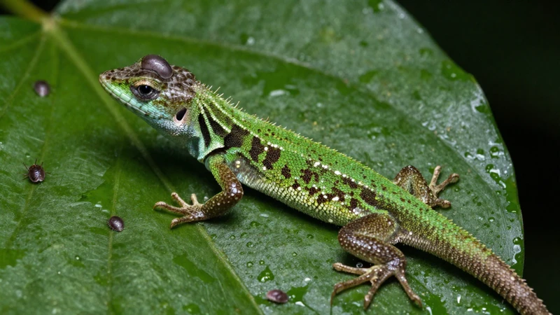 Macro de piel de anole y parásitos en la selva