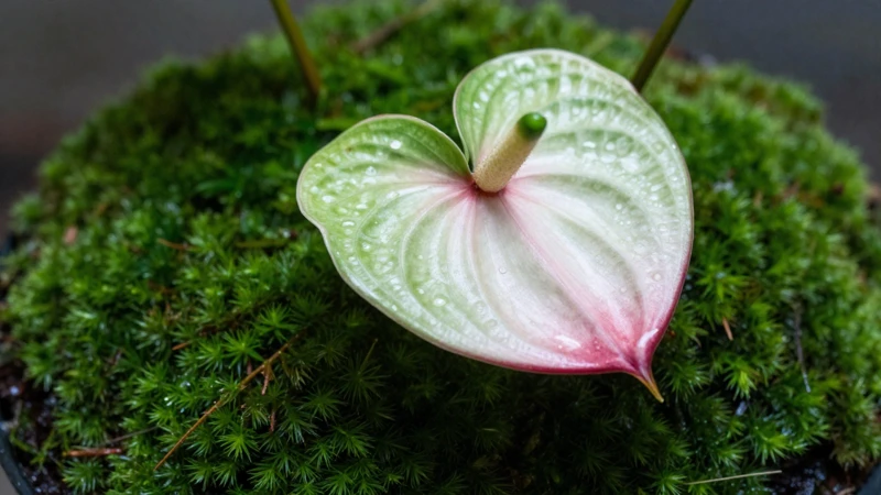 Macro de anthurium, musgo y luz natural