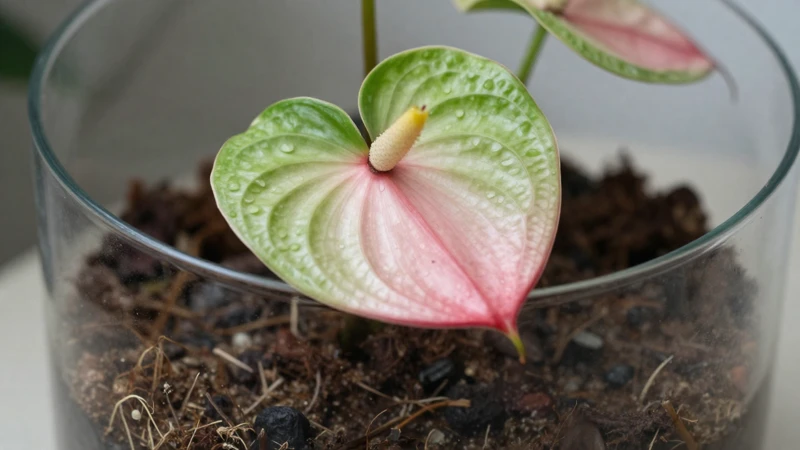Anthurium detallado en terrario con luz suave