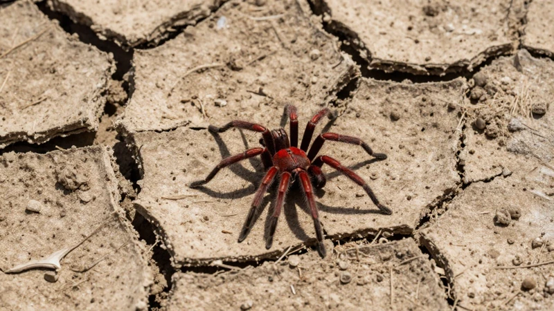 Tierra seca y araña bajo luz dura
