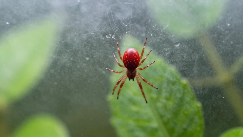 Araña roja con niebla y rocío
