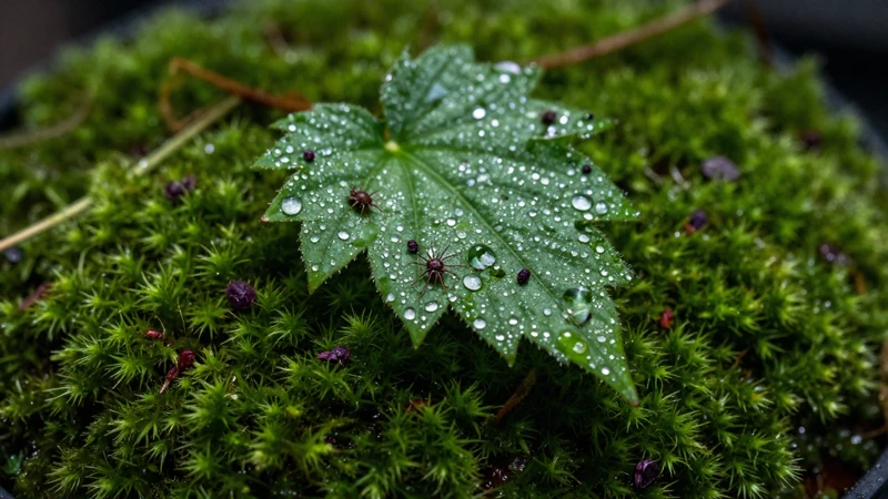 Detalle macro de un terrario verde con rocío