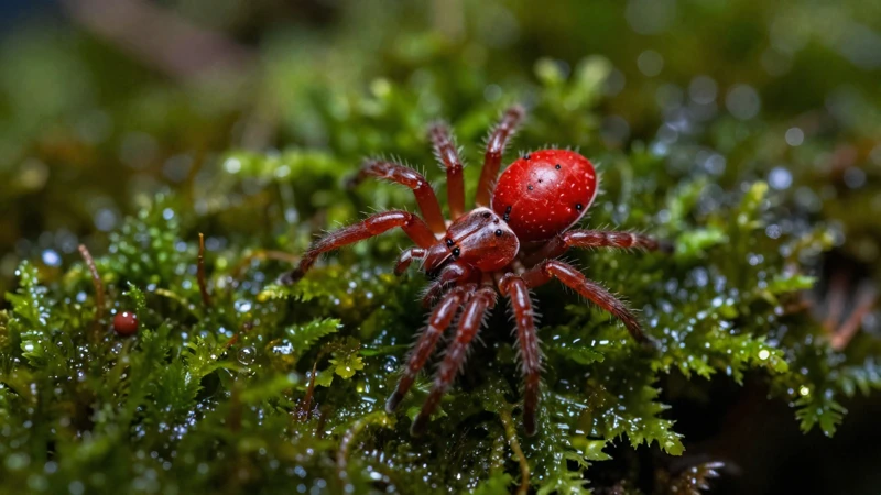 Araña roja macro en ambiente húmedo
