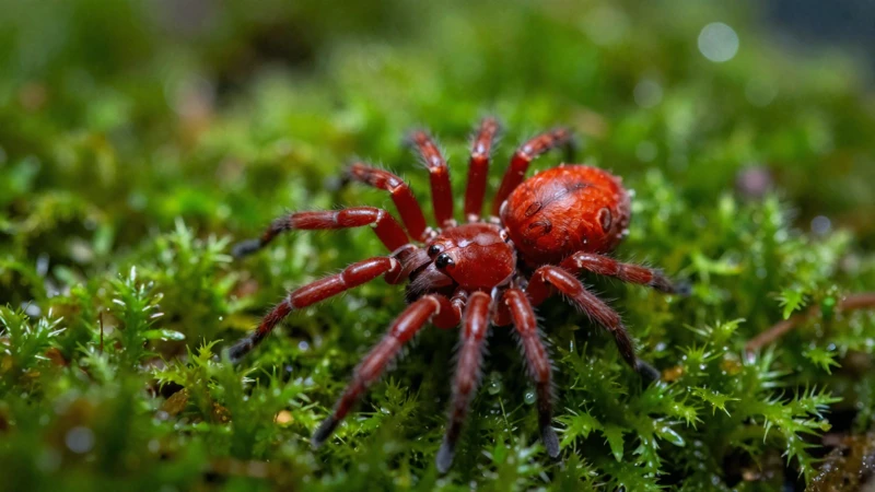 Araña roja bajo luz dramática en terrario