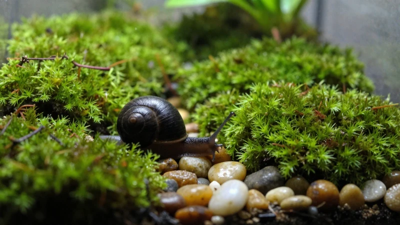Escena macro de un caracol en musgo verde
