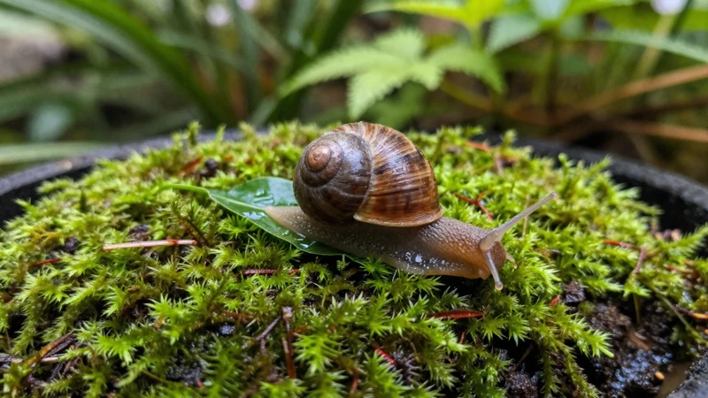 Caracol en un jardín verde húmedo