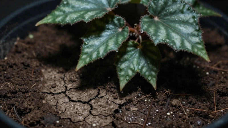 Begonia en terrario con luz dramática