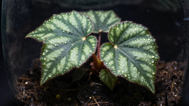 Begonia en terrario con luz dramática