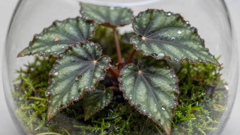 Begonia estresada en terrario de vidrio