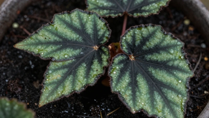Detalle macro de manchas negras en Begonia Rex