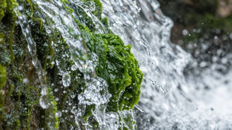 Macro detallado de agua y biofilm verde