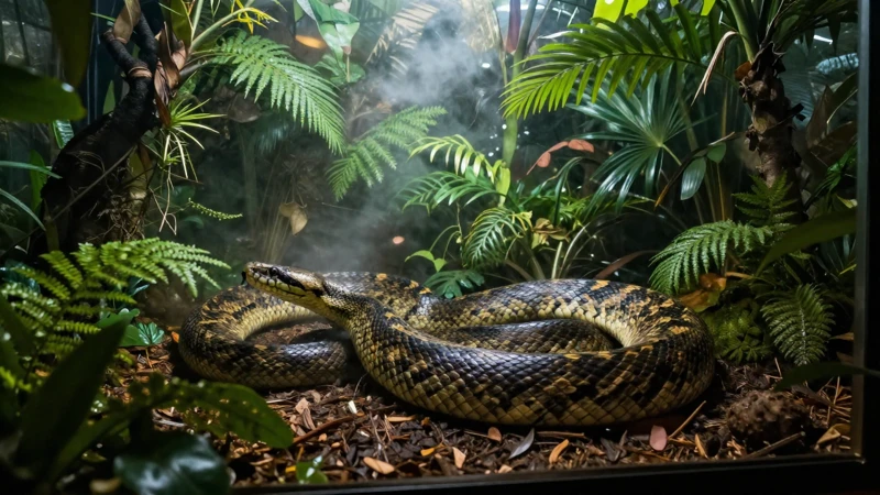Terrario tropical con niebla y luz