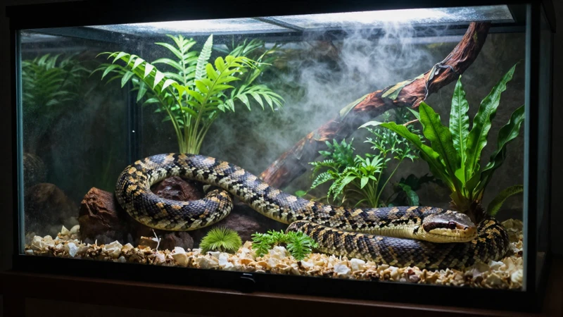 Serpiente dramática en terrario tropical húmedo