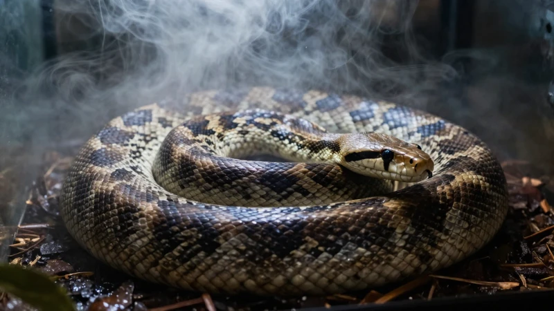 Serpiente en terrario neblinoso cinematográfico