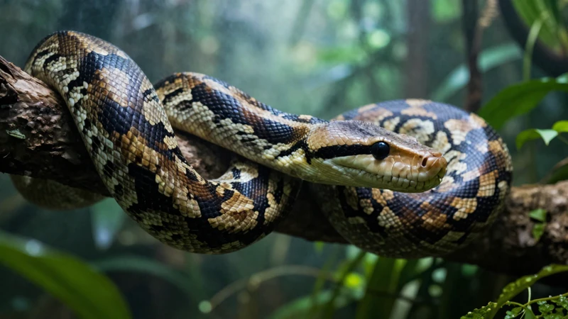Boa constrictor en terrario de selva húmeda