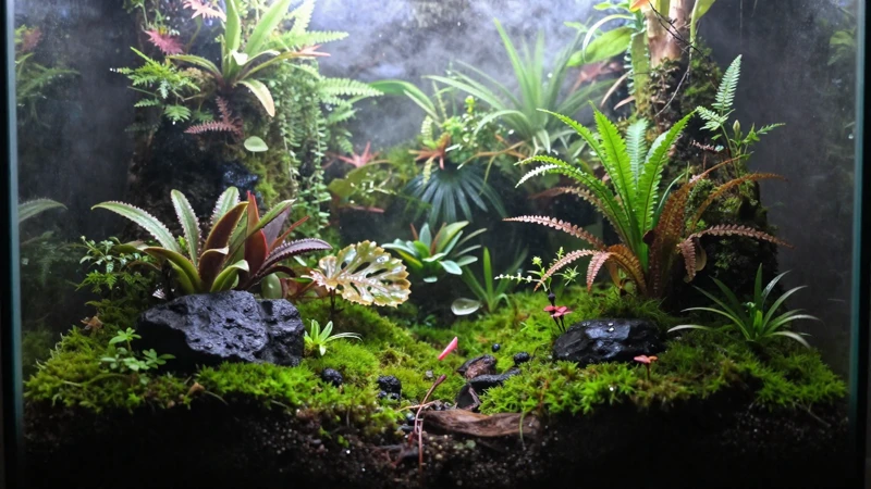 Terrario tropical húmedo con luz suave