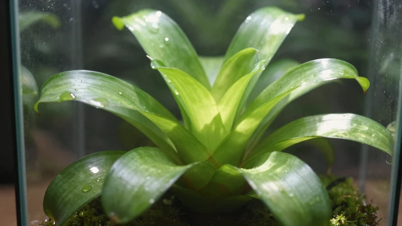 Bromeliada verde con gotas de agua