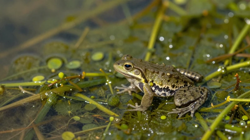 Anfibio sereno en agua de pantano