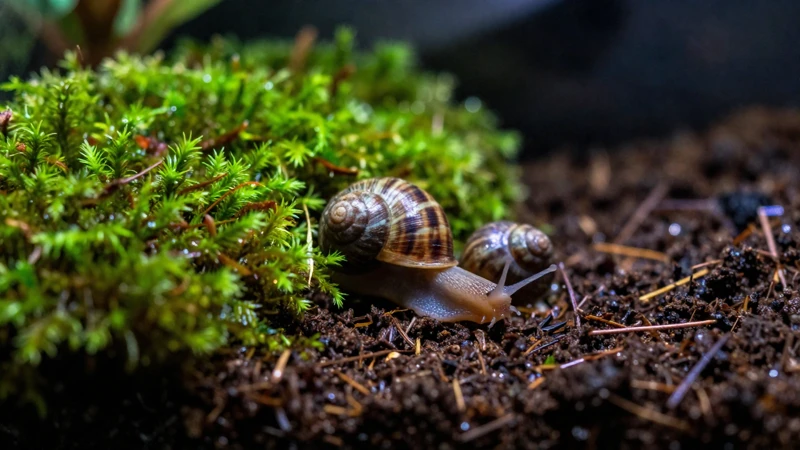 Caracoles en un terrario húmedo y vibrante
