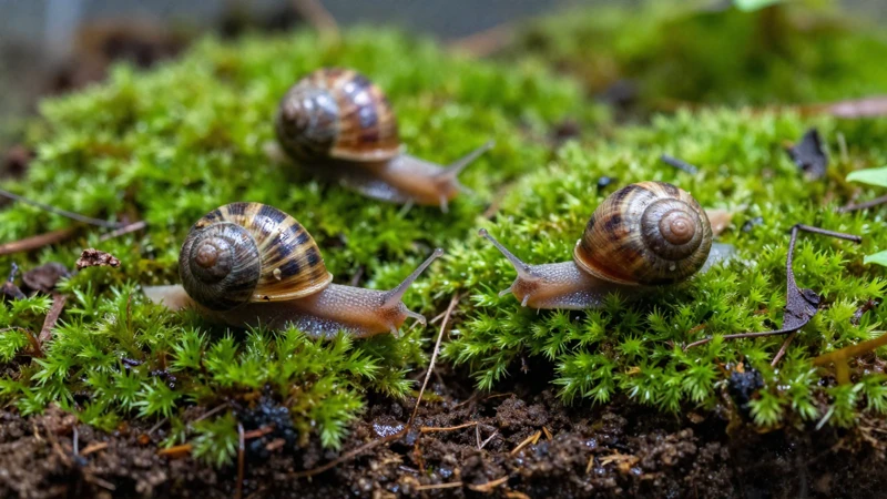 Caracoles en un terrario de musgo