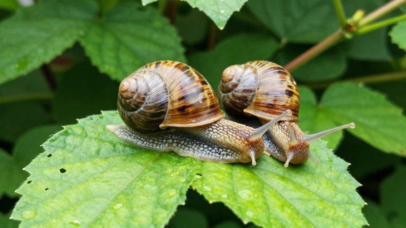Caracoles detallados en hojas verdes