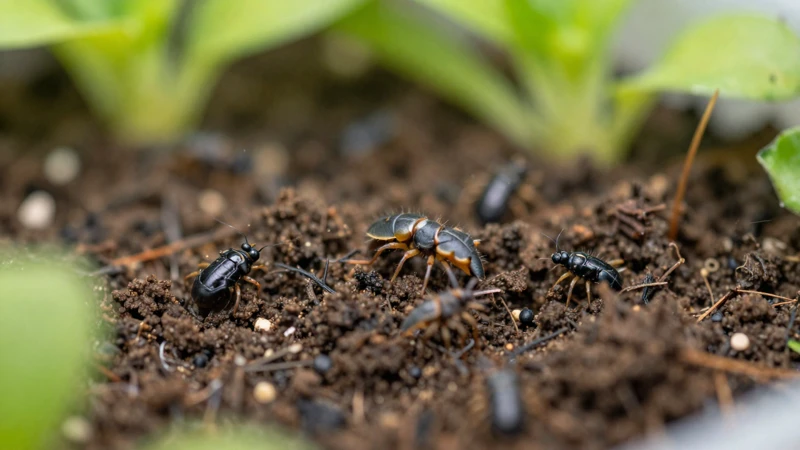 Detalle macro de collembolas orgánicas en ambiente verde