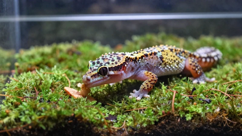 Fotografía macro educativa de un gecko en terrario