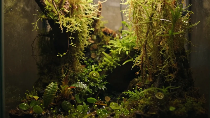 Terrario exuberante con luz suave