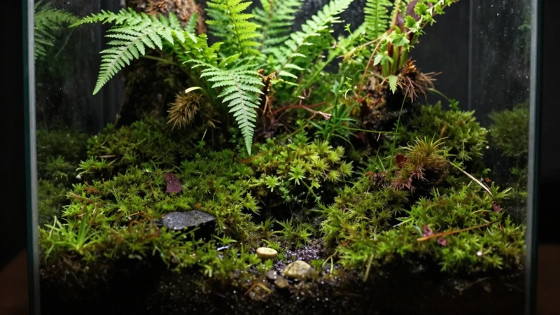 Terrario verde con luz cinematográfica y detalle