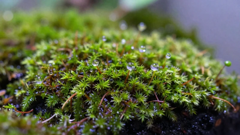 Detalle macro de musgo y agua en terrario