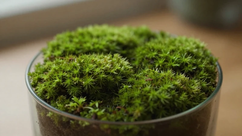 Terrario verde con luz suave y detalle
