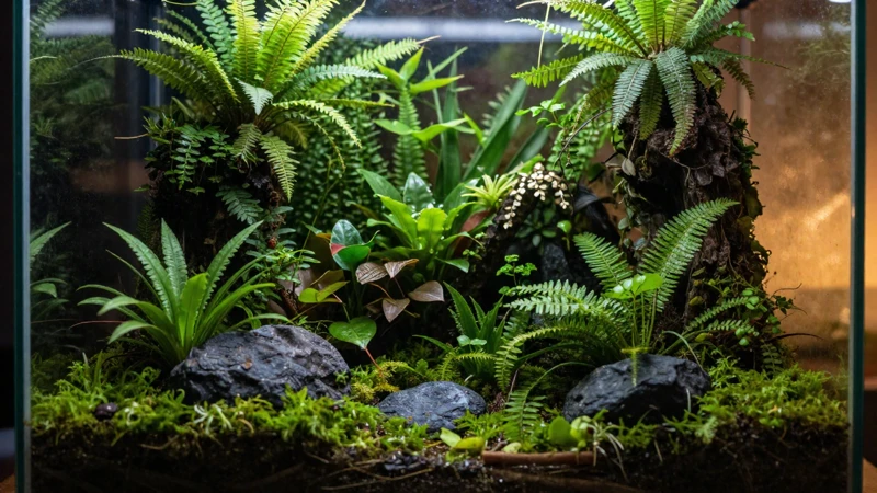 Terrario exuberante con luz cálida