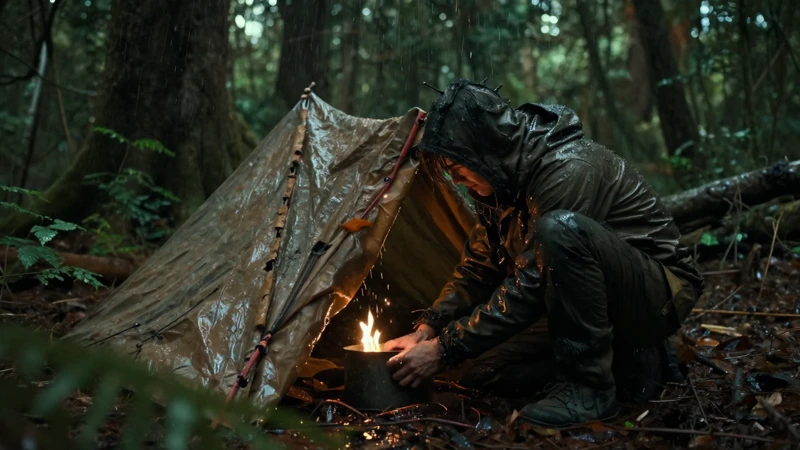 Superviviente construye refugio en el bosque húmedo
