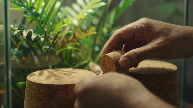 Plantas tropicales en terrario con luz cálida