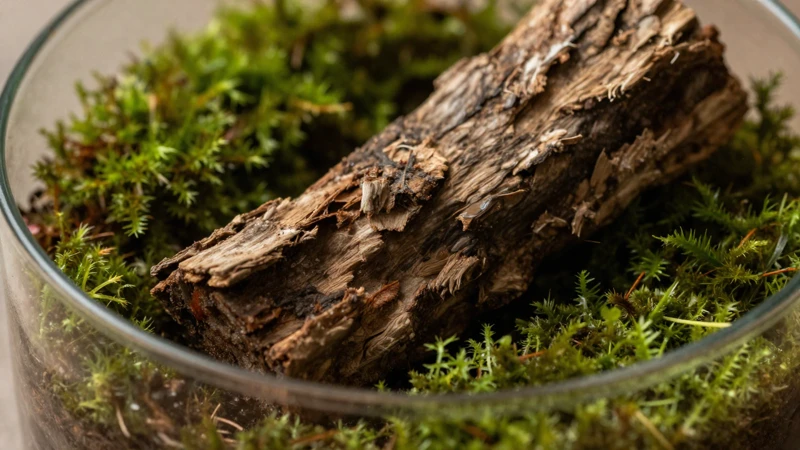 Madera y musgo orgánicos en un terrario