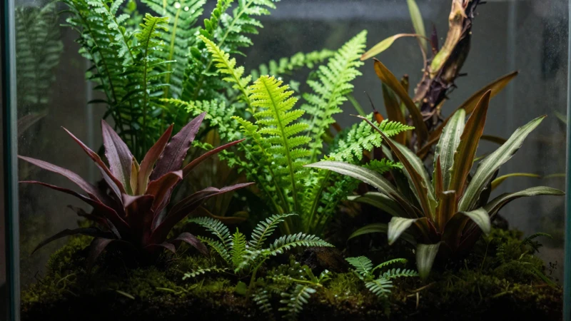 Macro de plantas tropicales en terrario con luz suave