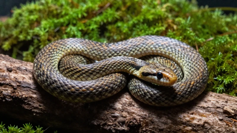 Serpiente joven en terrario de musgo verde