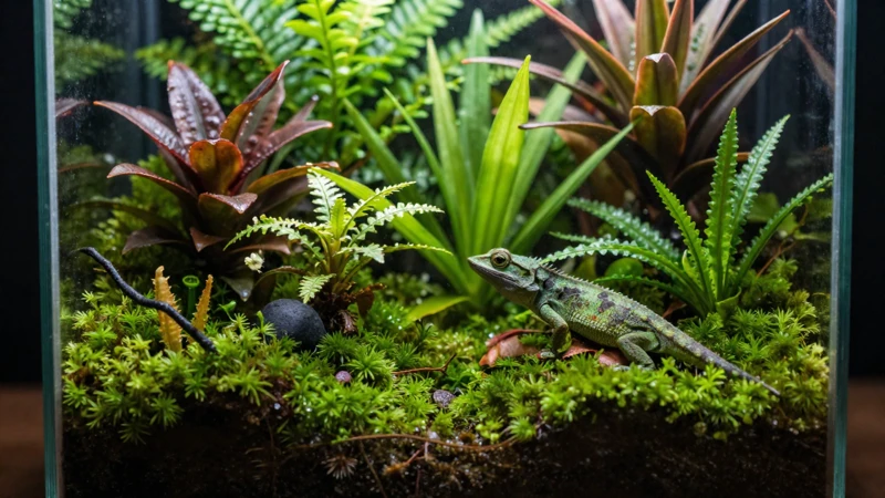 Ilustración botánica de un terrario tropical