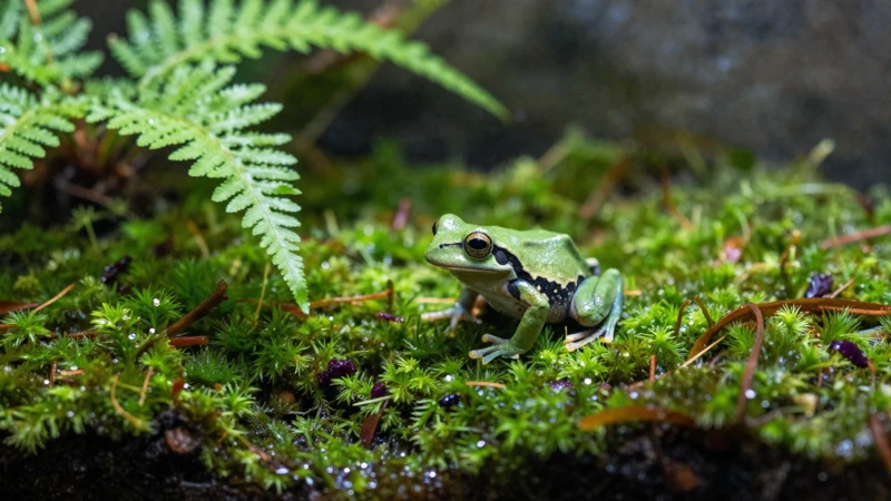 Terrario tropical con rana y musgo verde