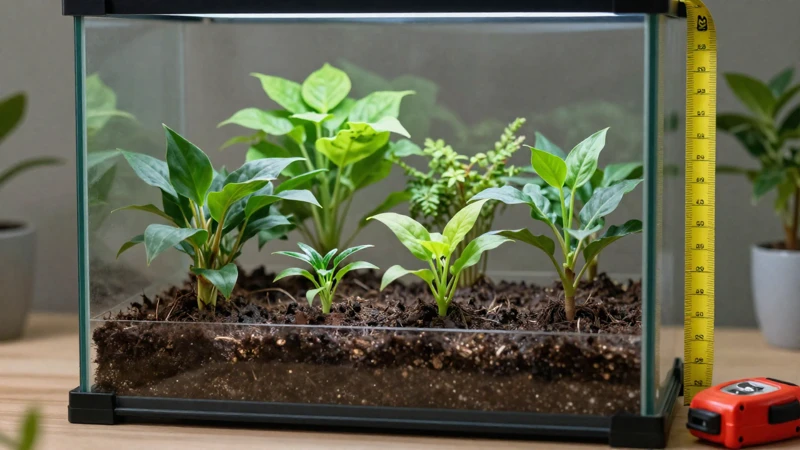 Montaje educativo de terrario con luz suave