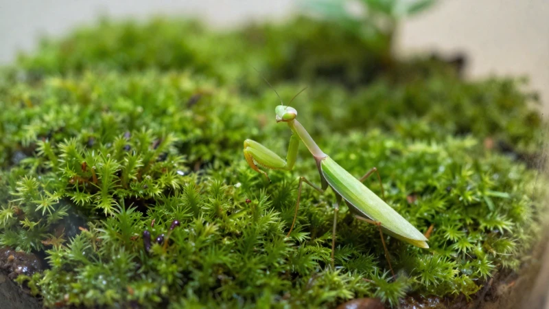 Macro fotografía de mantis en terrario verde
