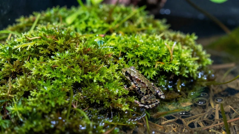 Paludarium verde con anfibio tranquilo
