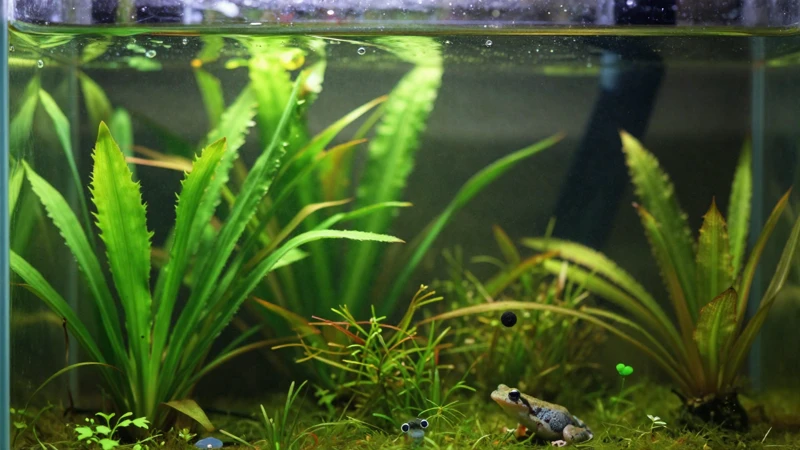 Paludarium sereno con vida acuática detallada