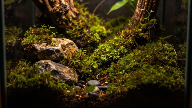 Terrario exuberante con luz nocturna cálida