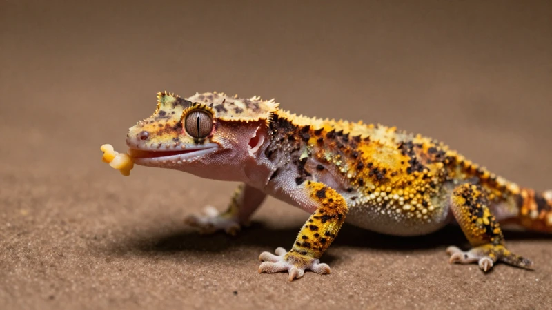 Fotografía macro del gecko comiendo con luz cálida
