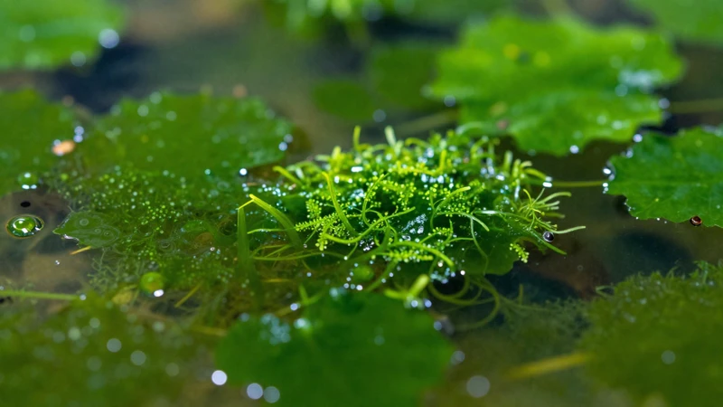 Macro de algas en acuario con luz