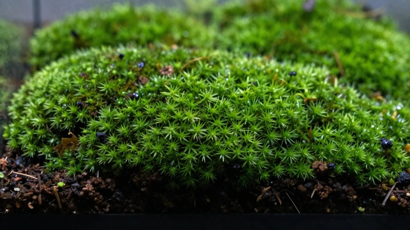 Terrario verde, musgo detallado y luz suave